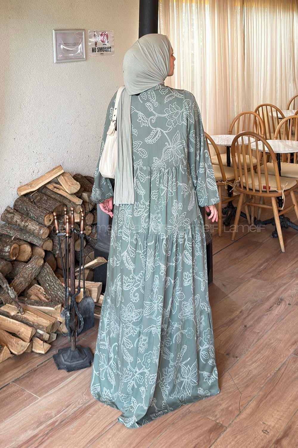 Lamelif Katleye Desenli Tesettür Elbise Haki