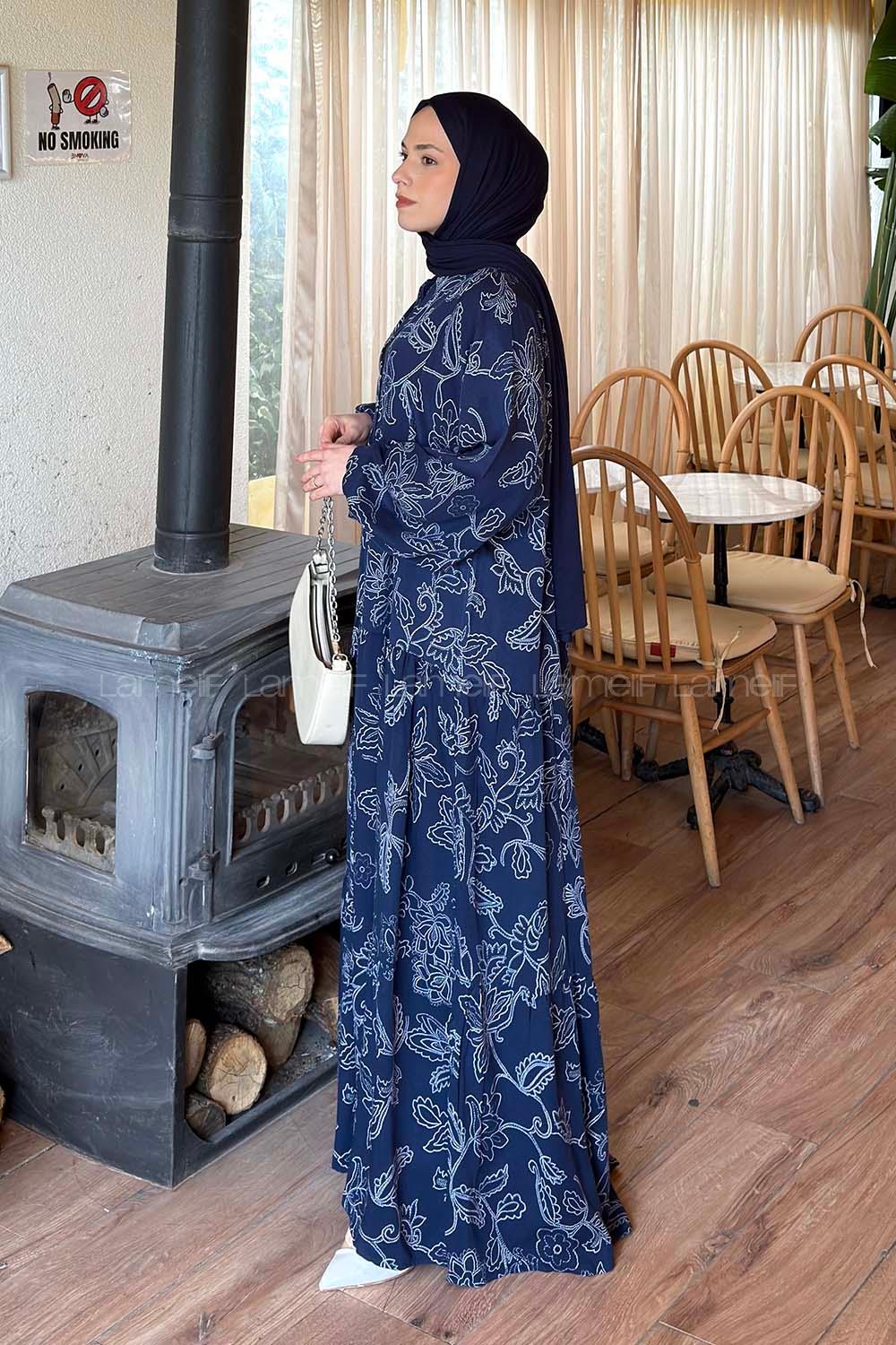 Lamelif Katleye Desenli Tesettür Elbise Lacivert