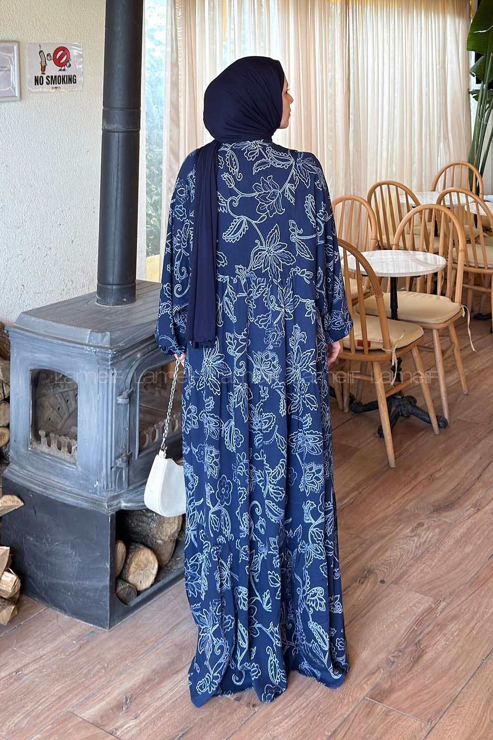Lamelif Katleye Desenli Tesettür Elbise Lacivert