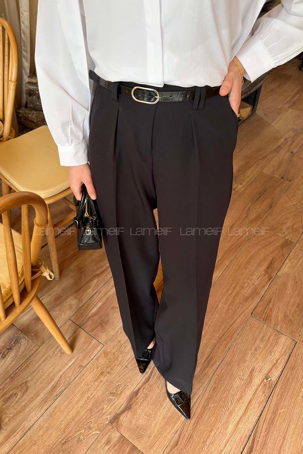 Lamelif Kemerli Pensli Pantolon Siyah