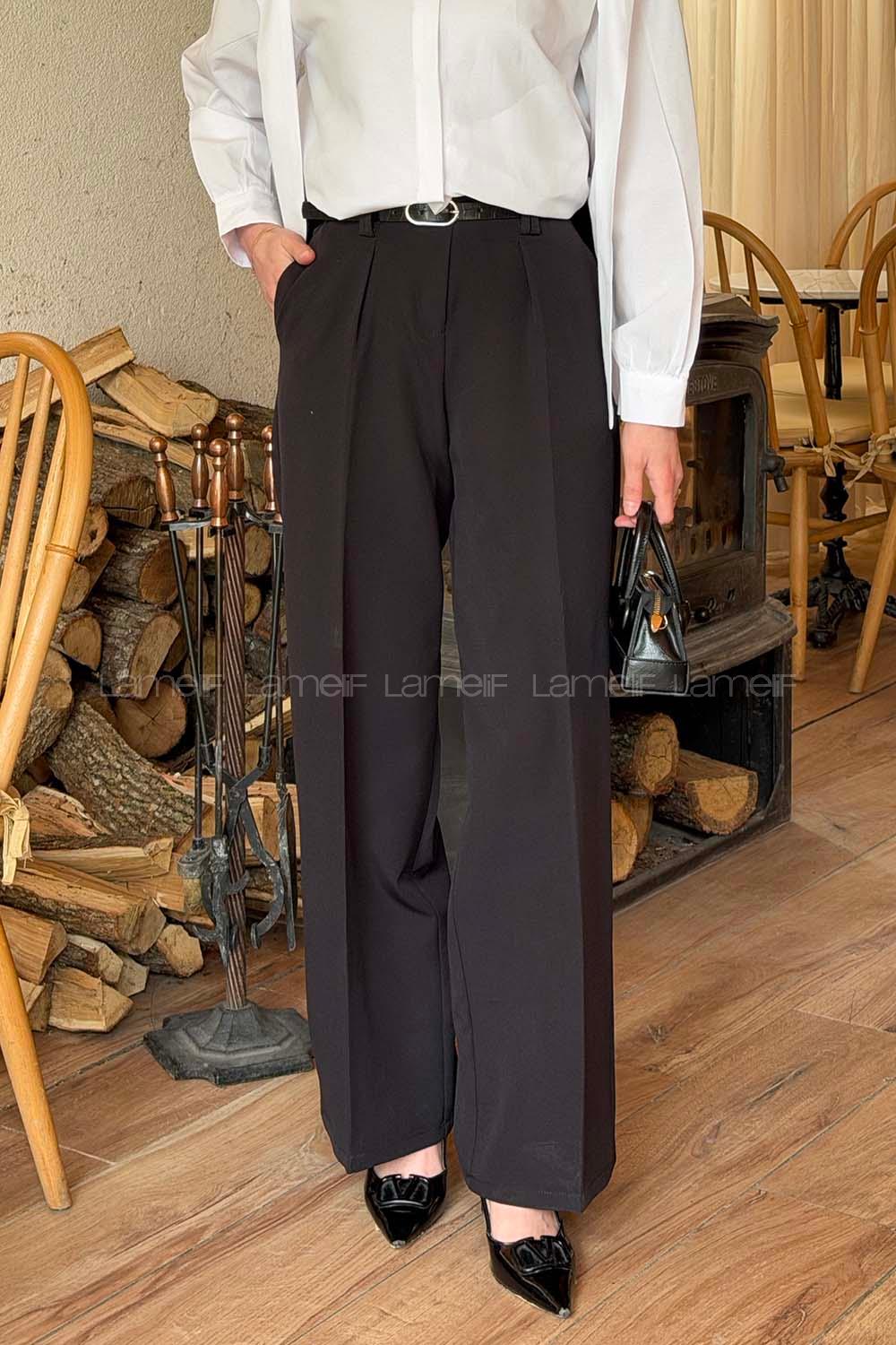 Lamelif Kemerli Pensli Pantolon Siyah