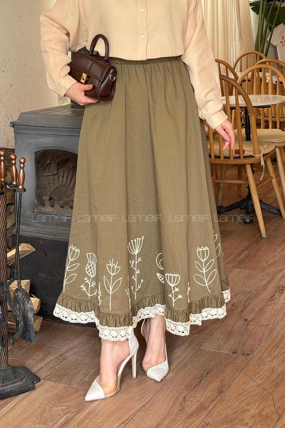 Lamelif Nakışlı Etek Haki