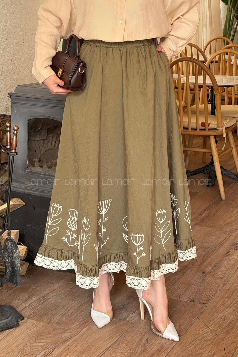 Lamelif Nakışlı Etek Haki