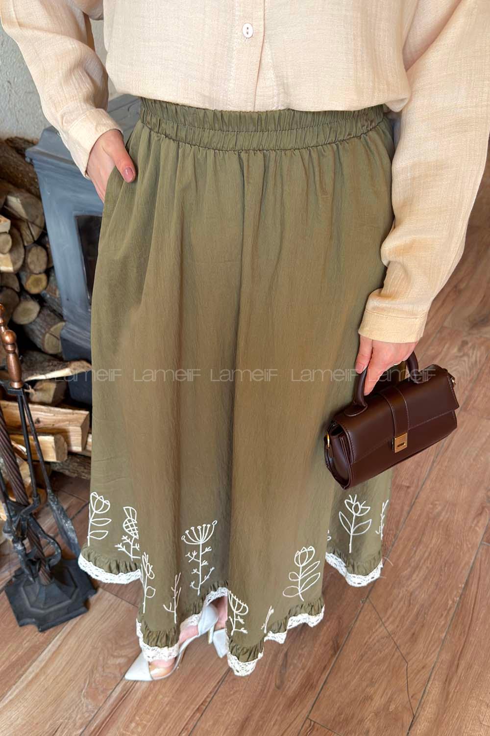 Lamelif Nakışlı Etek Haki