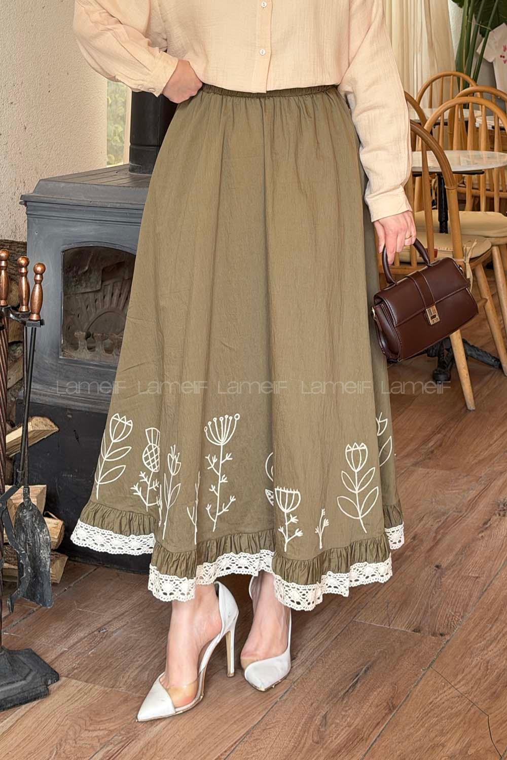 Lamelif Nakışlı Etek Haki