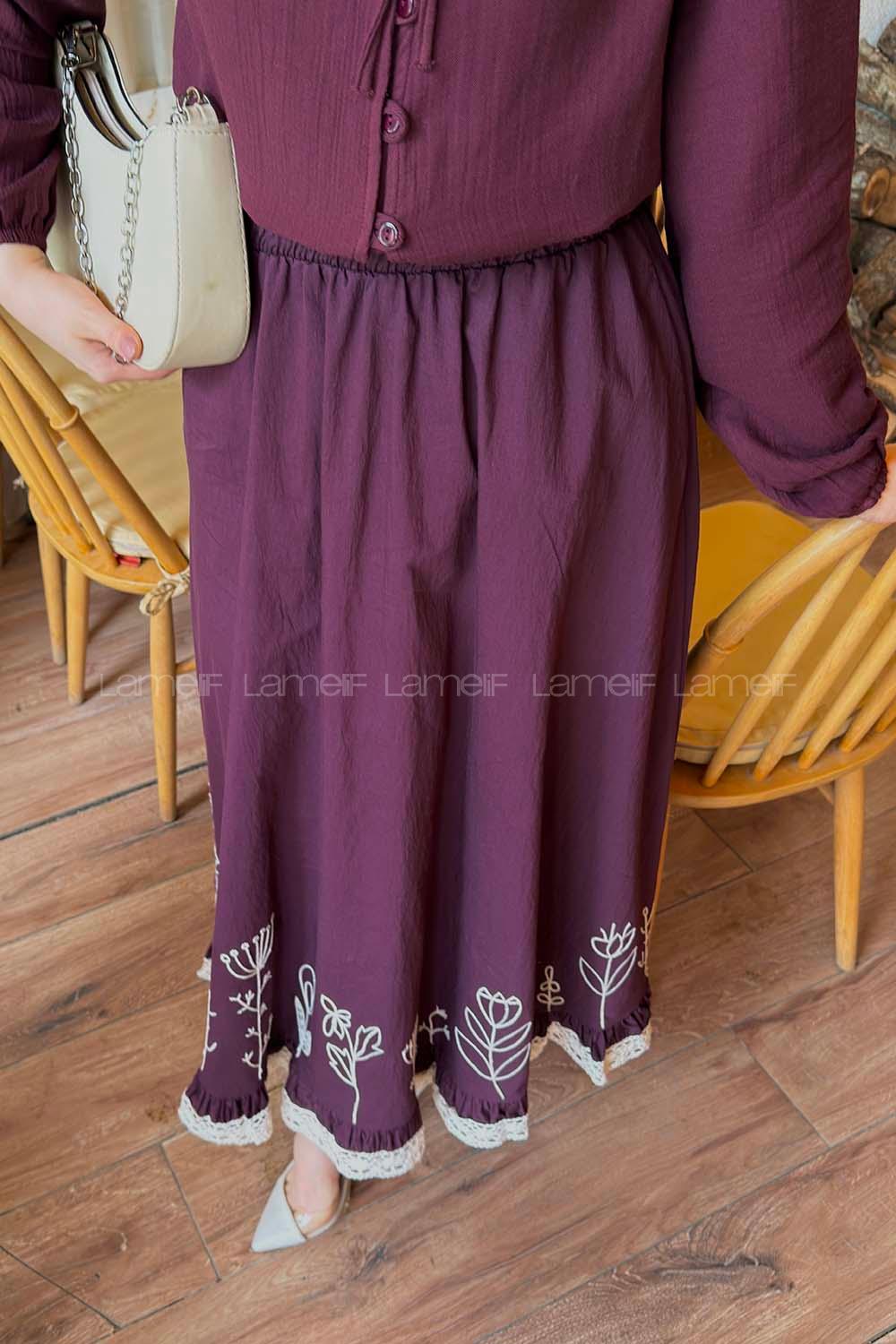 Lamelif Nakışlı Etek Mürdüm