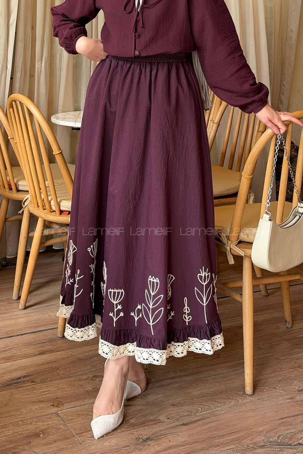 Lamelif Nakışlı Etek Mürdüm