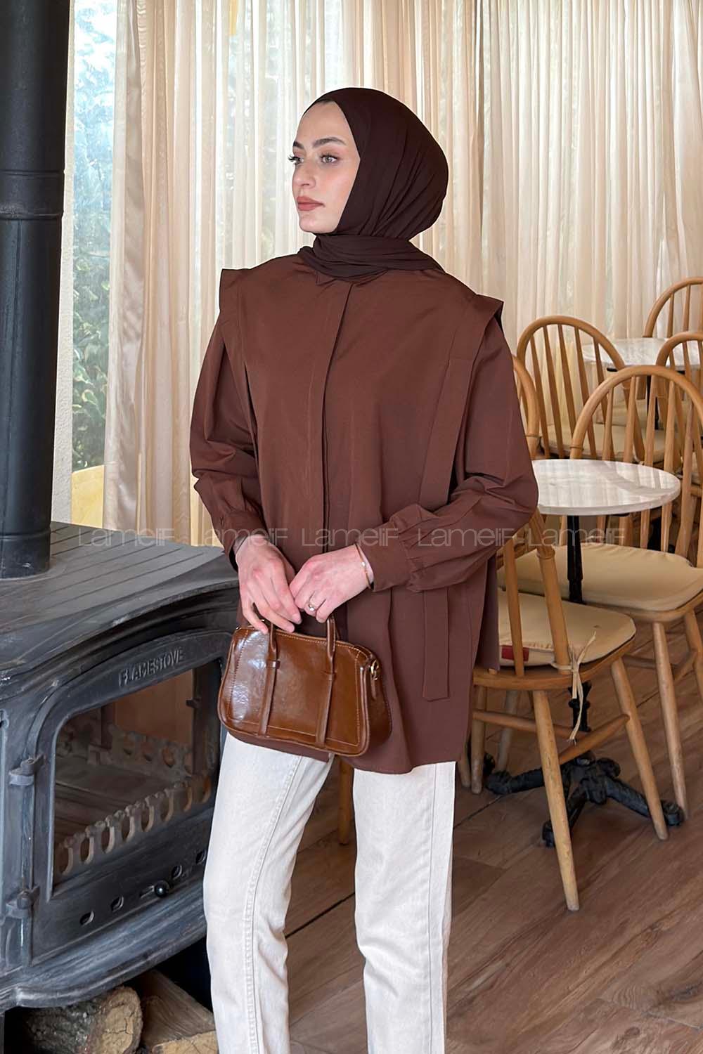 Lamelif Omuz Vatka Detaylı Tesettür Gömlek Acı Kahve