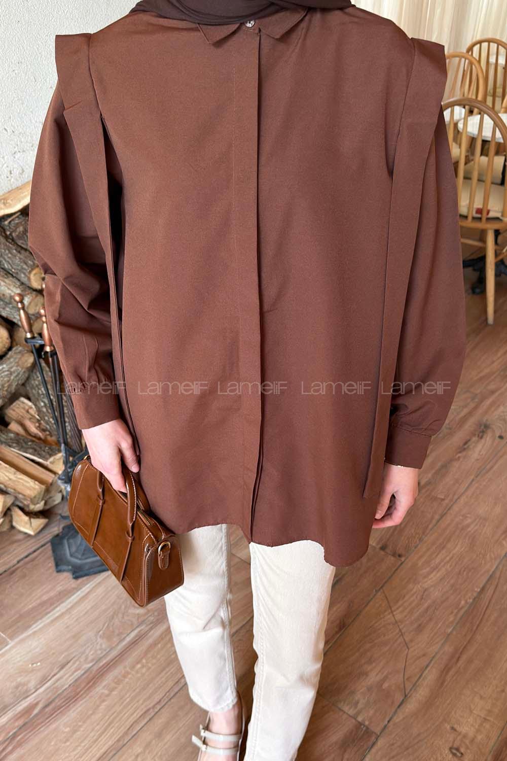 Lamelif Omuz Vatka Detaylı Tesettür Gömlek Acı Kahve