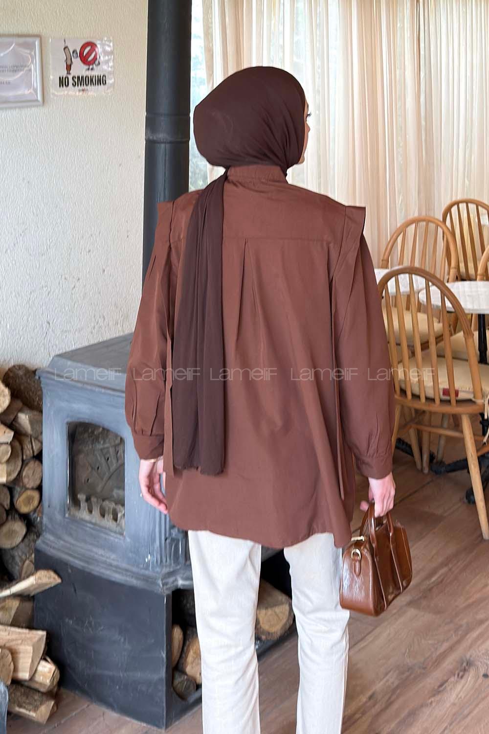 Lamelif Omuz Vatka Detaylı Tesettür Gömlek Acı Kahve