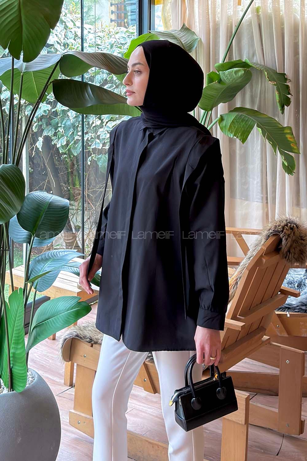 Lamelif Omuz Vatka Detaylı Tesettür Gömlek Siyah