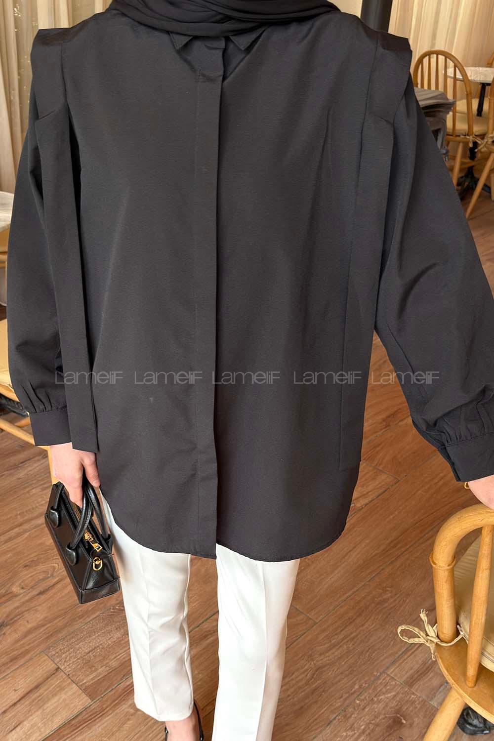 Lamelif Omuz Vatka Detaylı Tesettür Gömlek Siyah