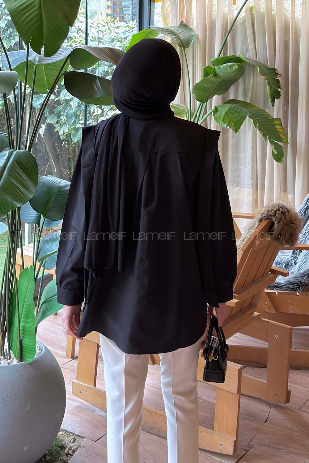 Lamelif Omuz Vatka Detaylı Tesettür Gömlek Siyah