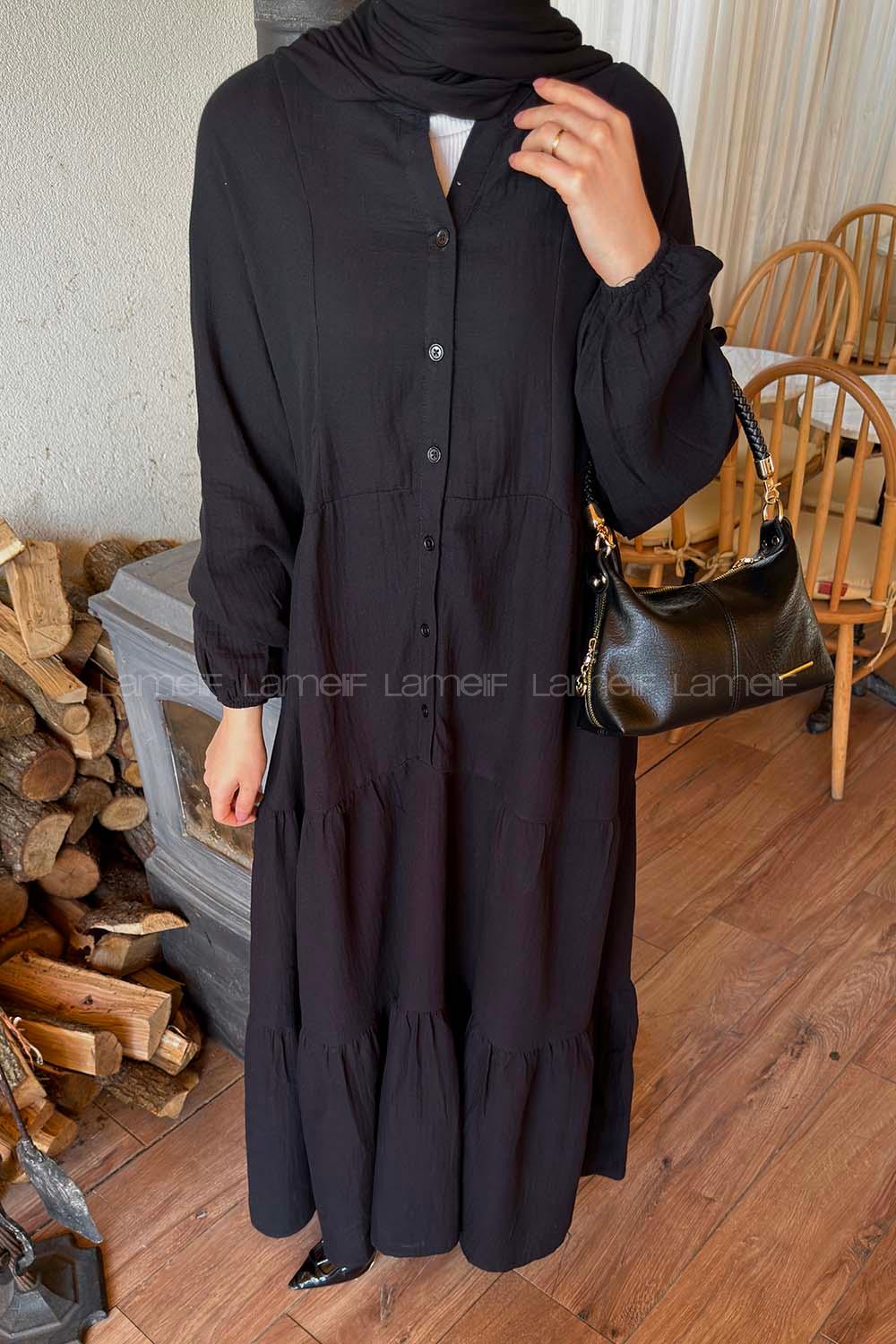 Lamelif Ön Yarım Düğme Detaylı Müslin Kumaş Tesettür Elbise Siyah