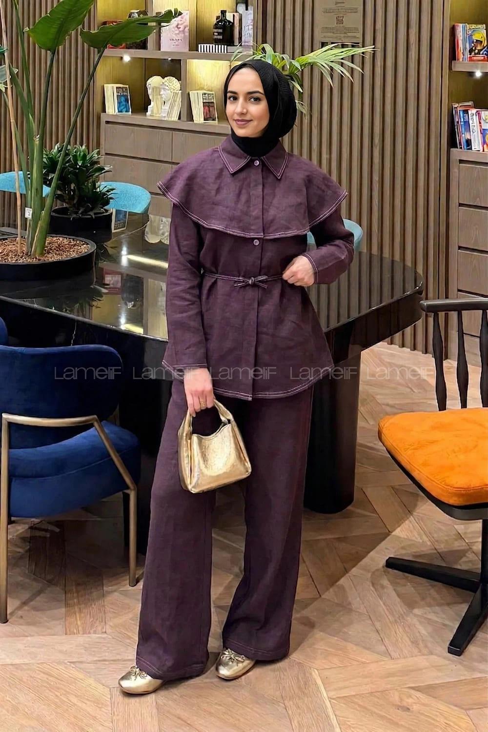 Lamelif Pelerin Detaylı Kontrast Dikişli Takım Mürdüm