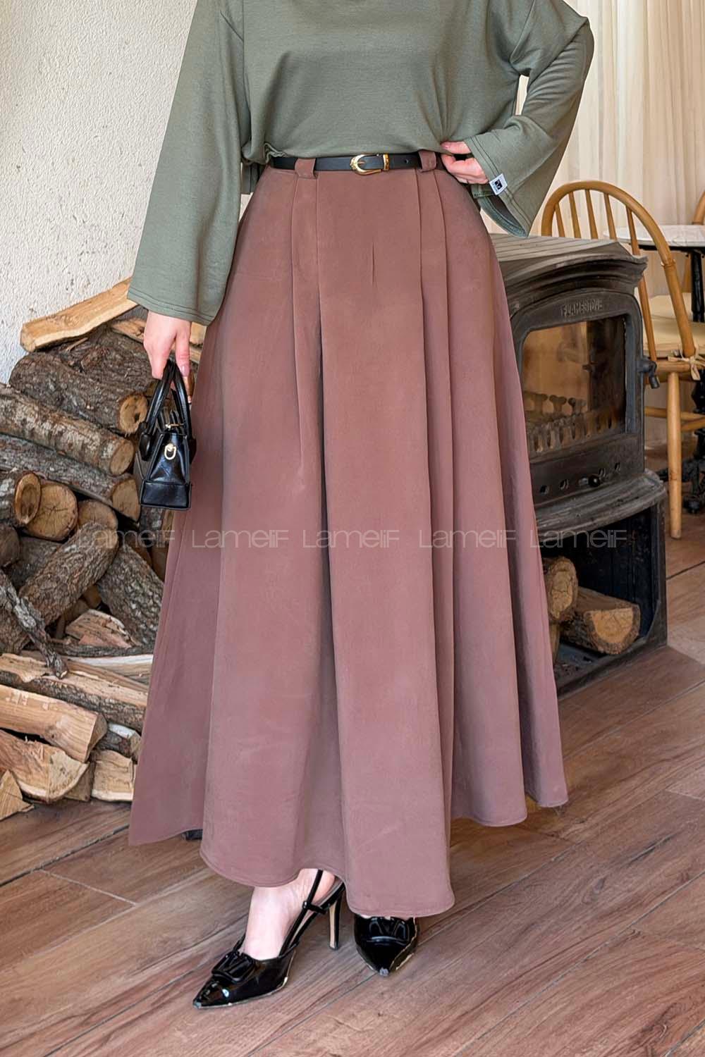 Lamelif Pileli Kemerli Etek Soft Kahve