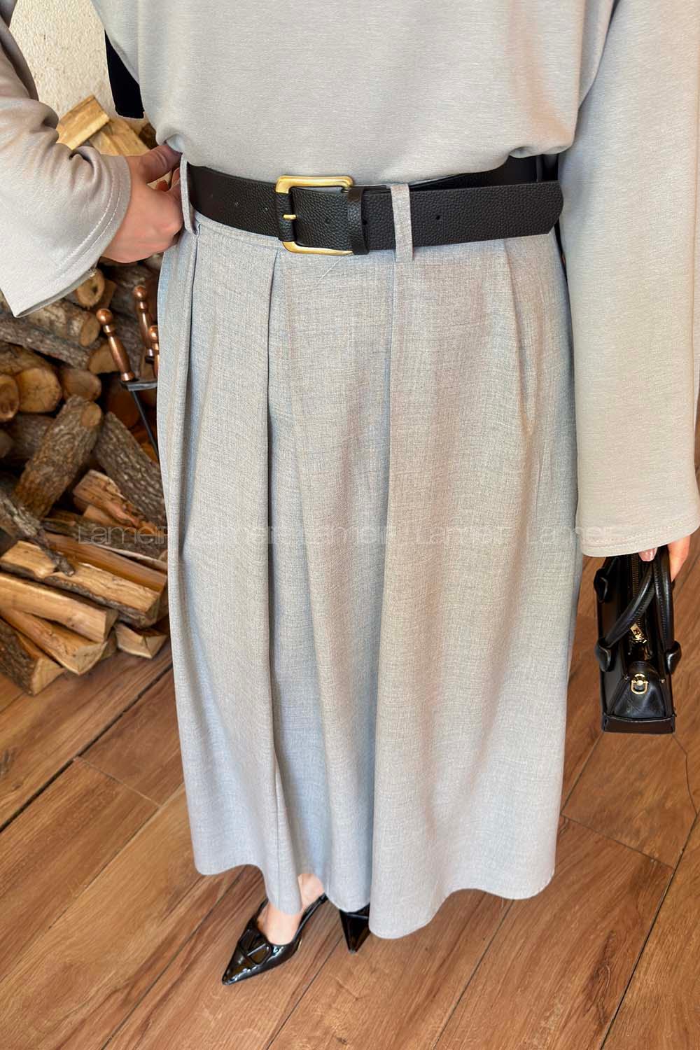 Anthracite Viscose Fabric Elastan Polyester Flared Skirt Skirt