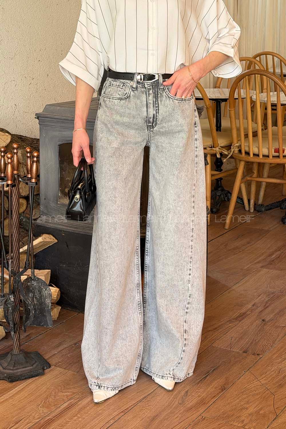 Lamelif Yüksek Bel Baggy Jean Açık Gri