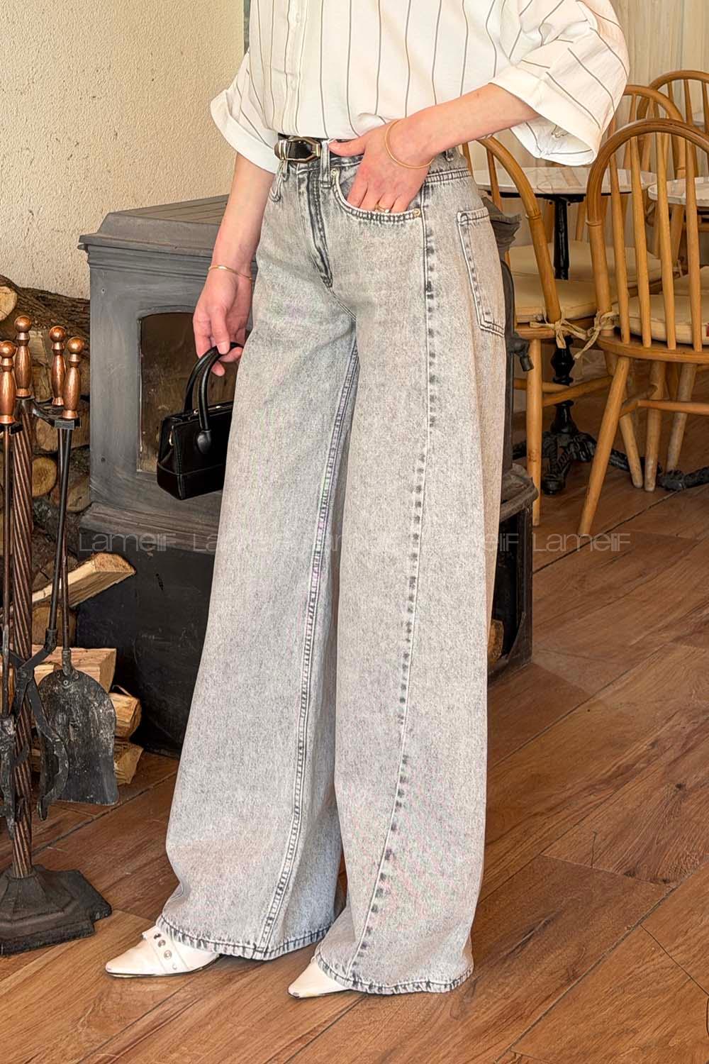 Lamelif Yüksek Bel Baggy Jean Açık Gri