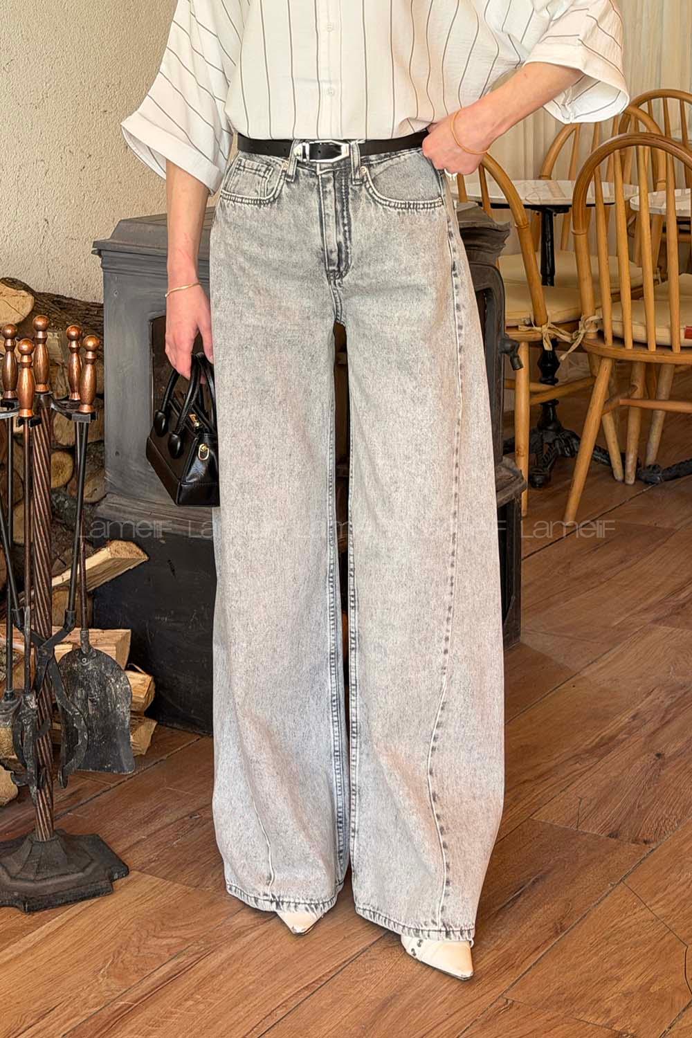 Lamelif Yüksek Bel Baggy Jean Açık Gri