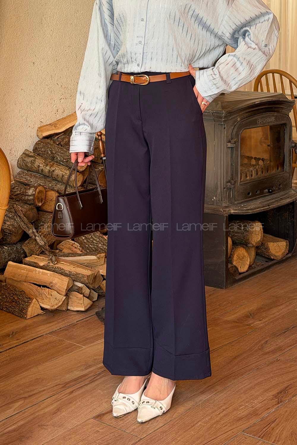 Lamelif Yüksek Bel Kemerli Kumaş Pantolon Lacivert