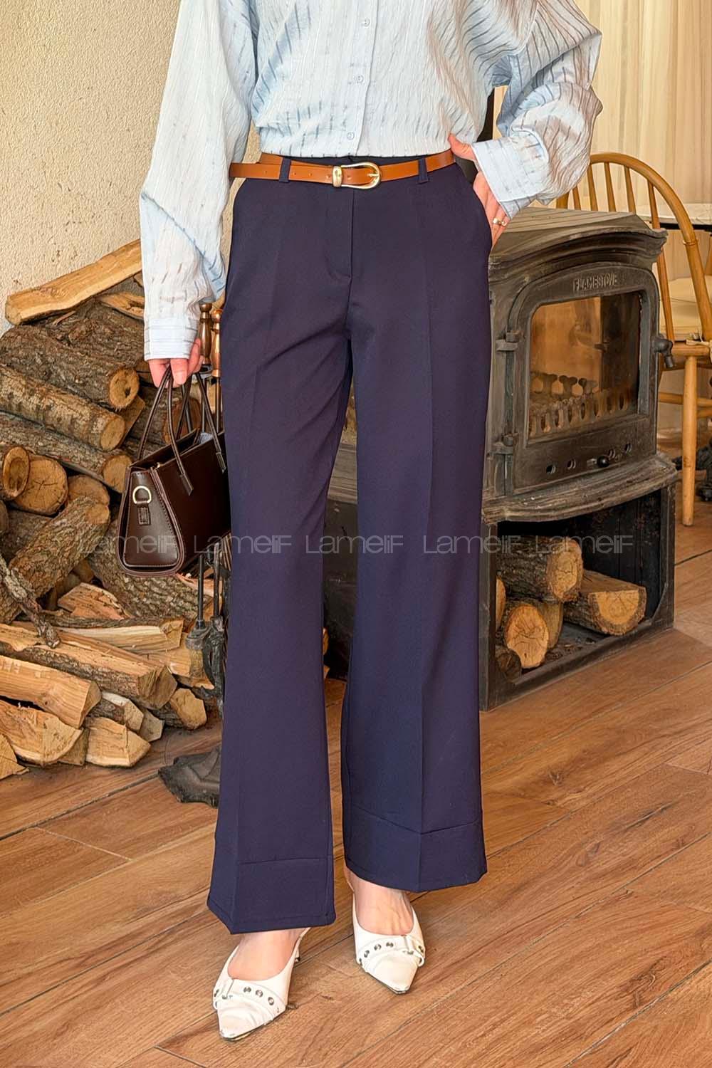 Lamelif Yüksek Bel Kemerli Kumaş Pantolon Lacivert