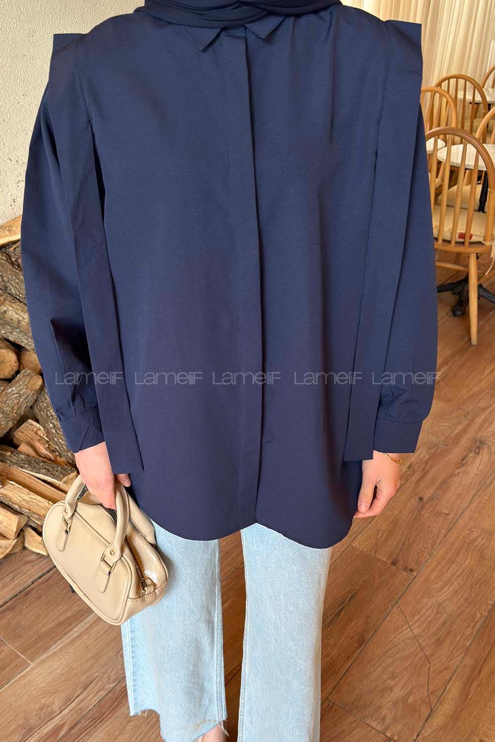 Navy Blue Shirt Collar Long Arm Cotton Shirt