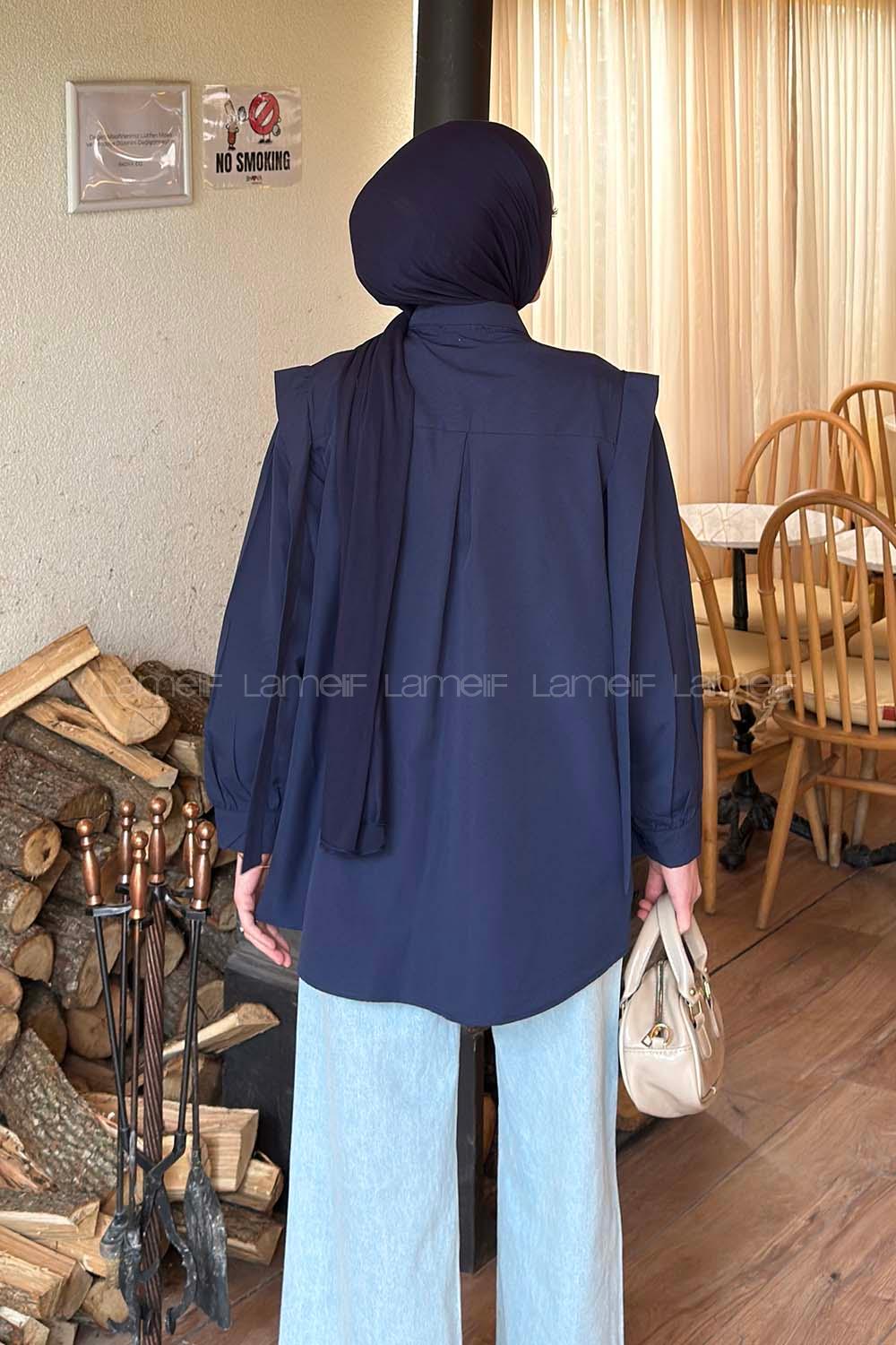 Navy Blue Shirt Collar Long Arm Cotton Shirt