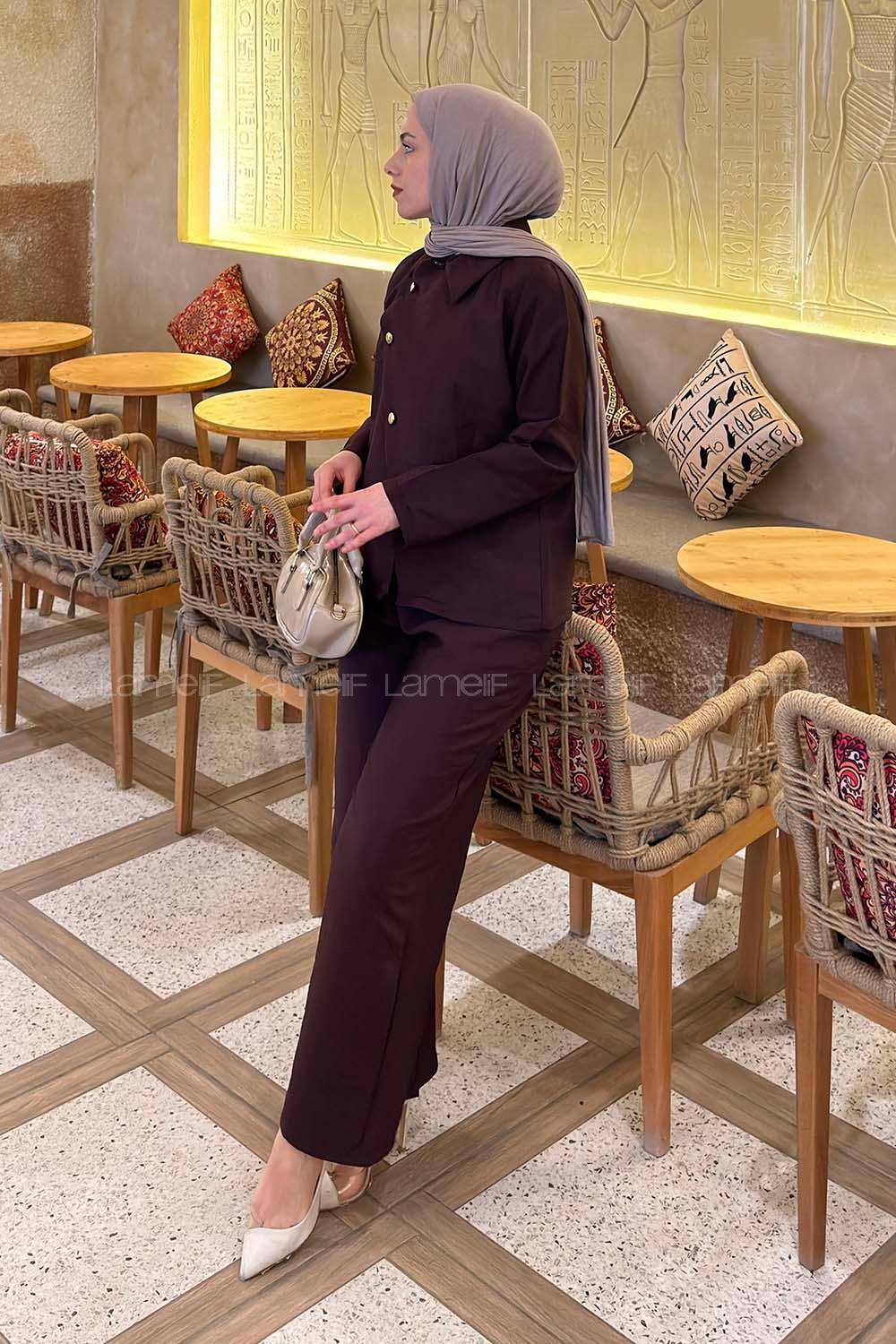 Lamelif Asimetrik Kapamalı Pantolonlu Takım Mürdüm