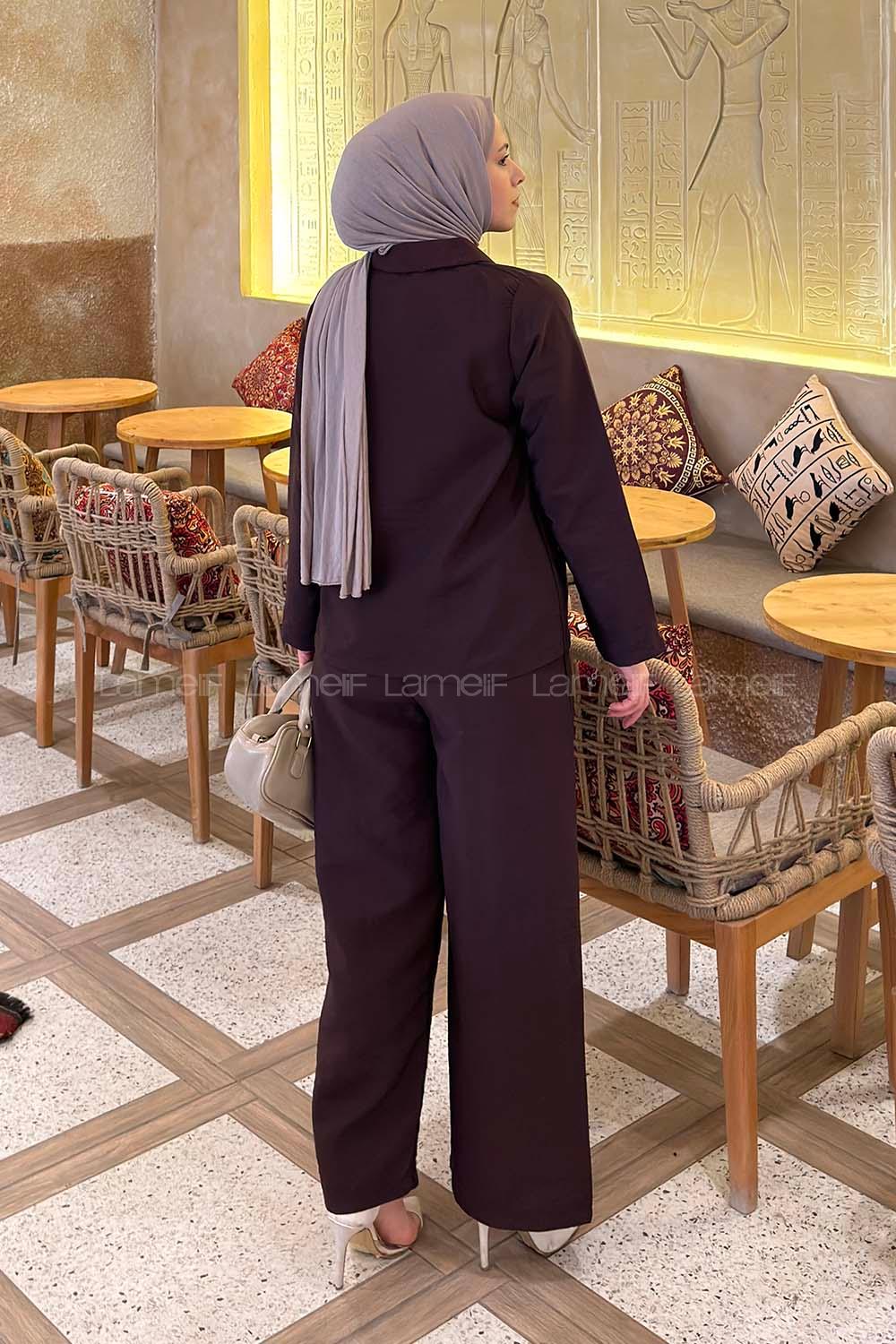 Lamelif Asimetrik Kapamalı Pantolonlu Takım Mürdüm