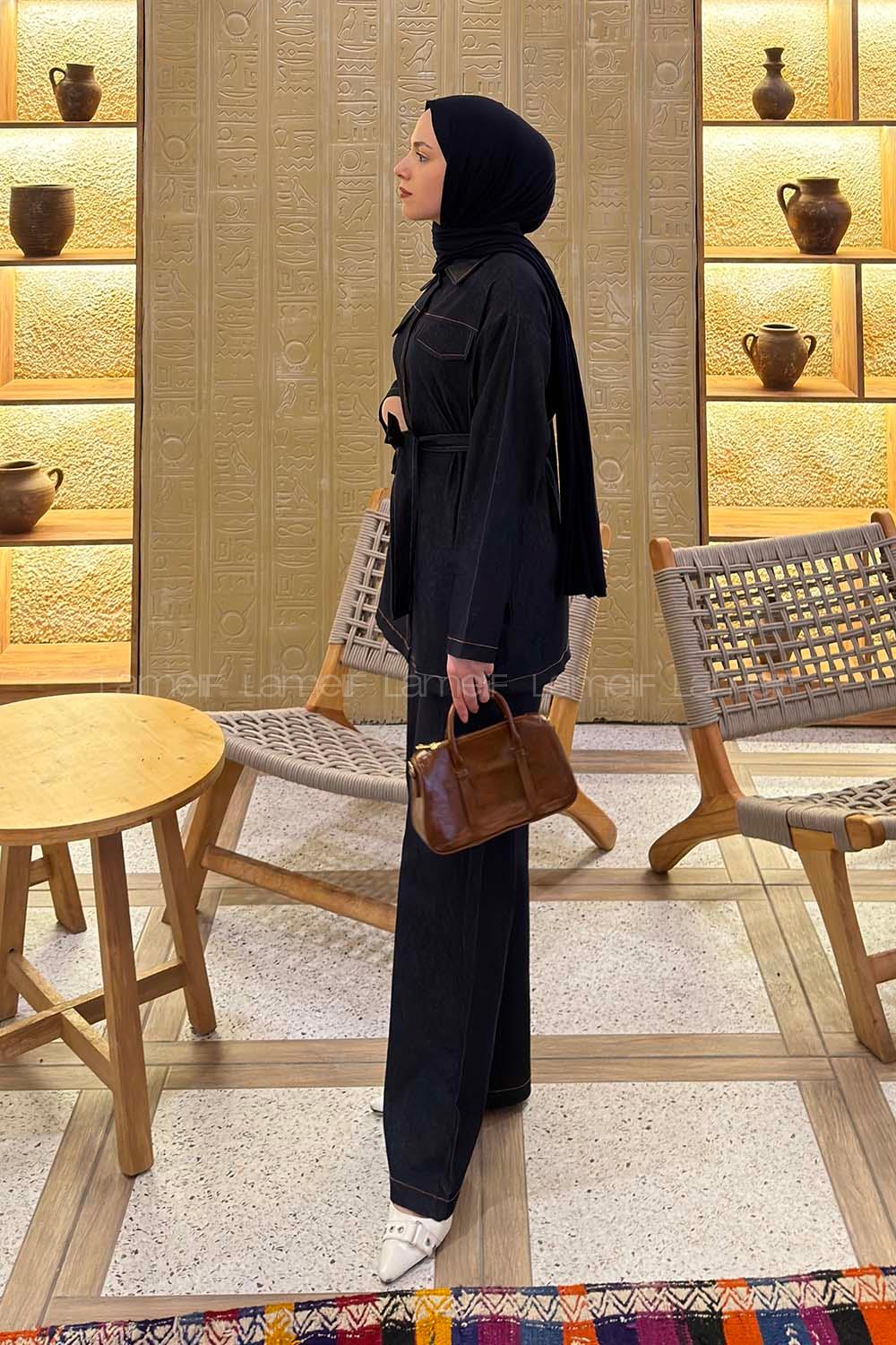 Dark Blue Shirt Collar Long Arm Denim Regular Trousers Denim Suit