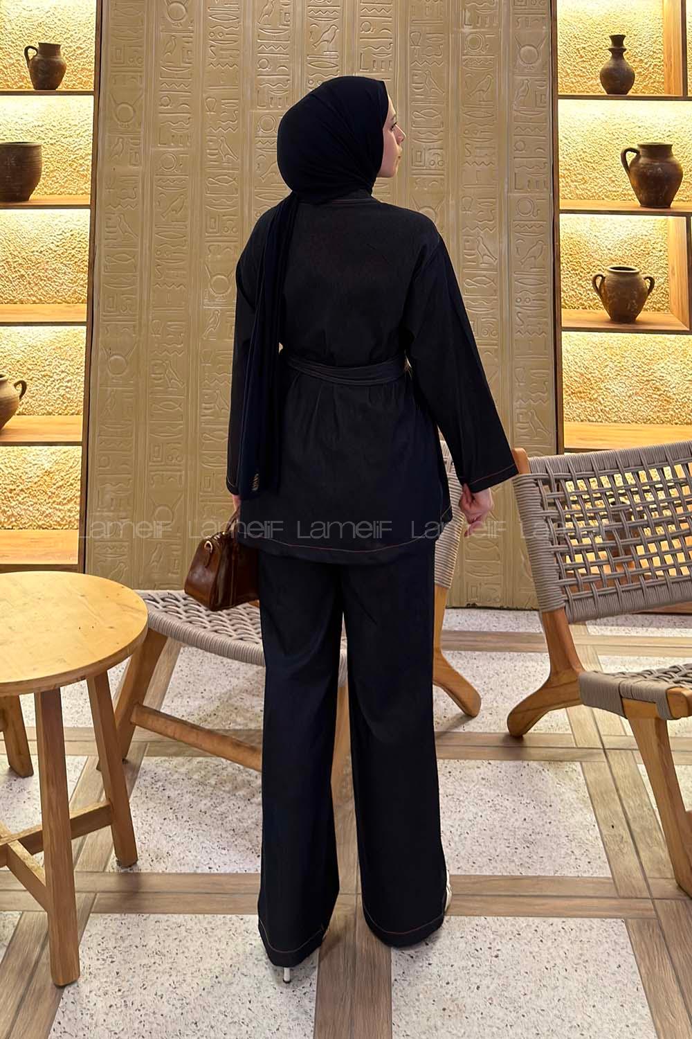 Dark Blue Shirt Collar Long Arm Denim Regular Trousers Denim Suit