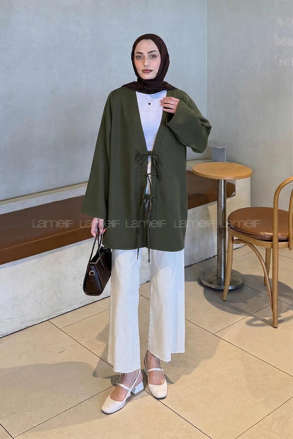 Lamelif Bağlama Detaylı Kimono Tunik Koyu Yeşil