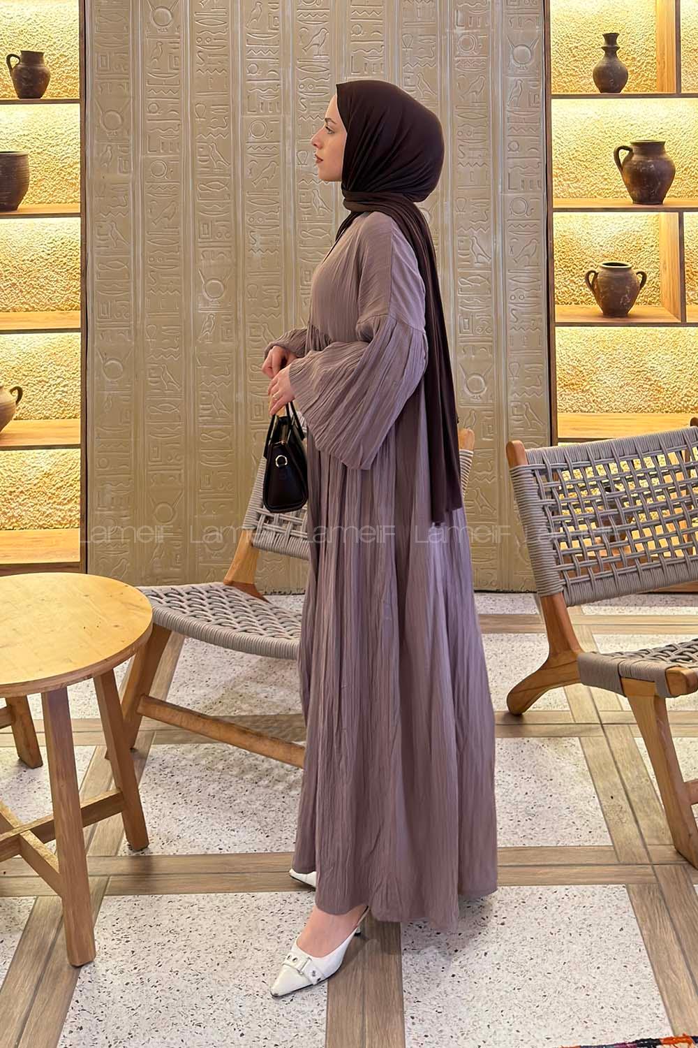 Lamelif Balon Kol Uzun Tesettür Elbise Soft Kahve