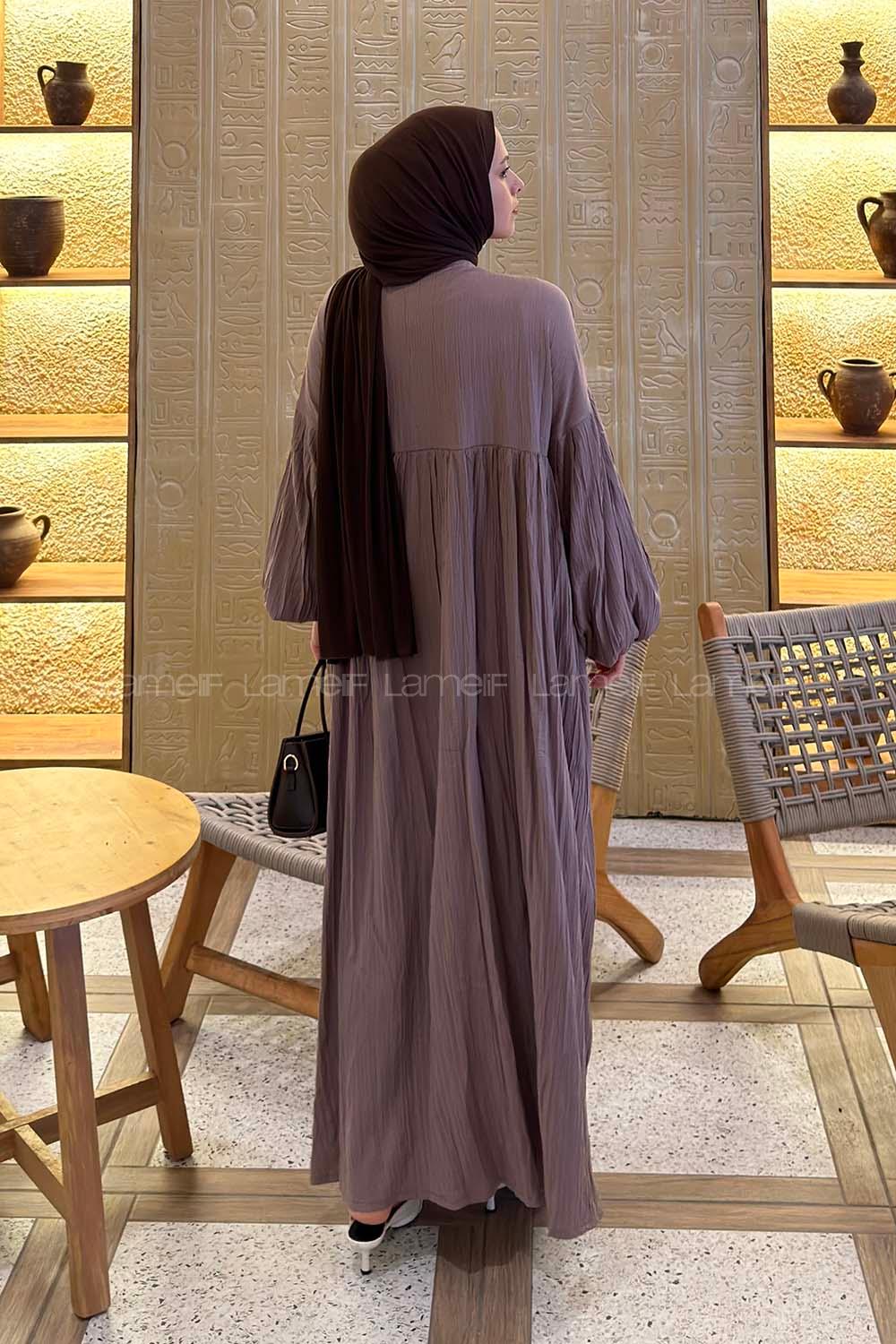 Lamelif Balon Kol Uzun Tesettür Elbise Soft Kahve