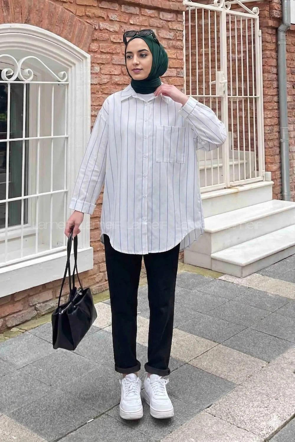 Lamelif Cep Detaylı Çizgili Gömlek İndigo