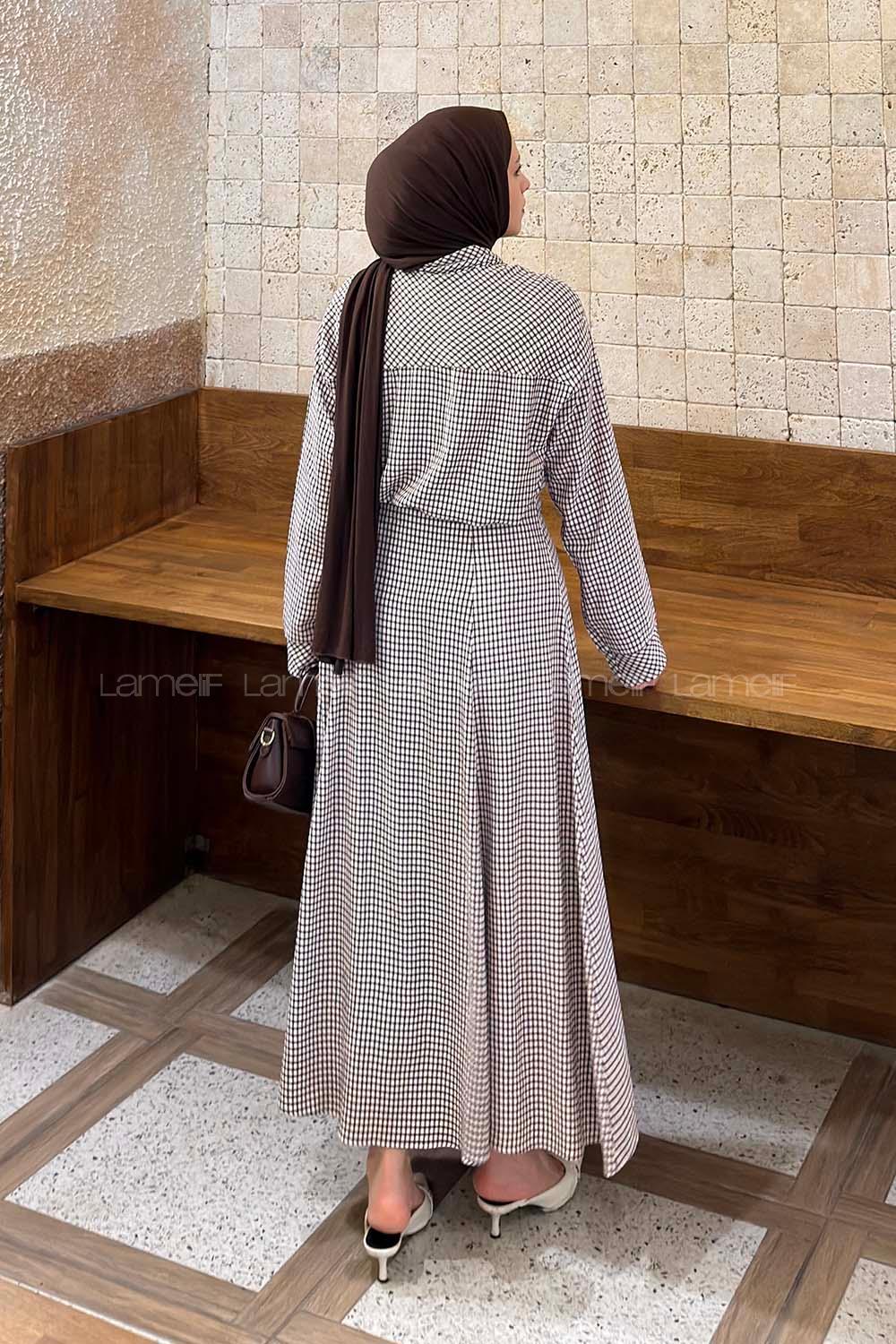 Lamelif Ekose Desen Kravat Yaka Takım Mürdüm