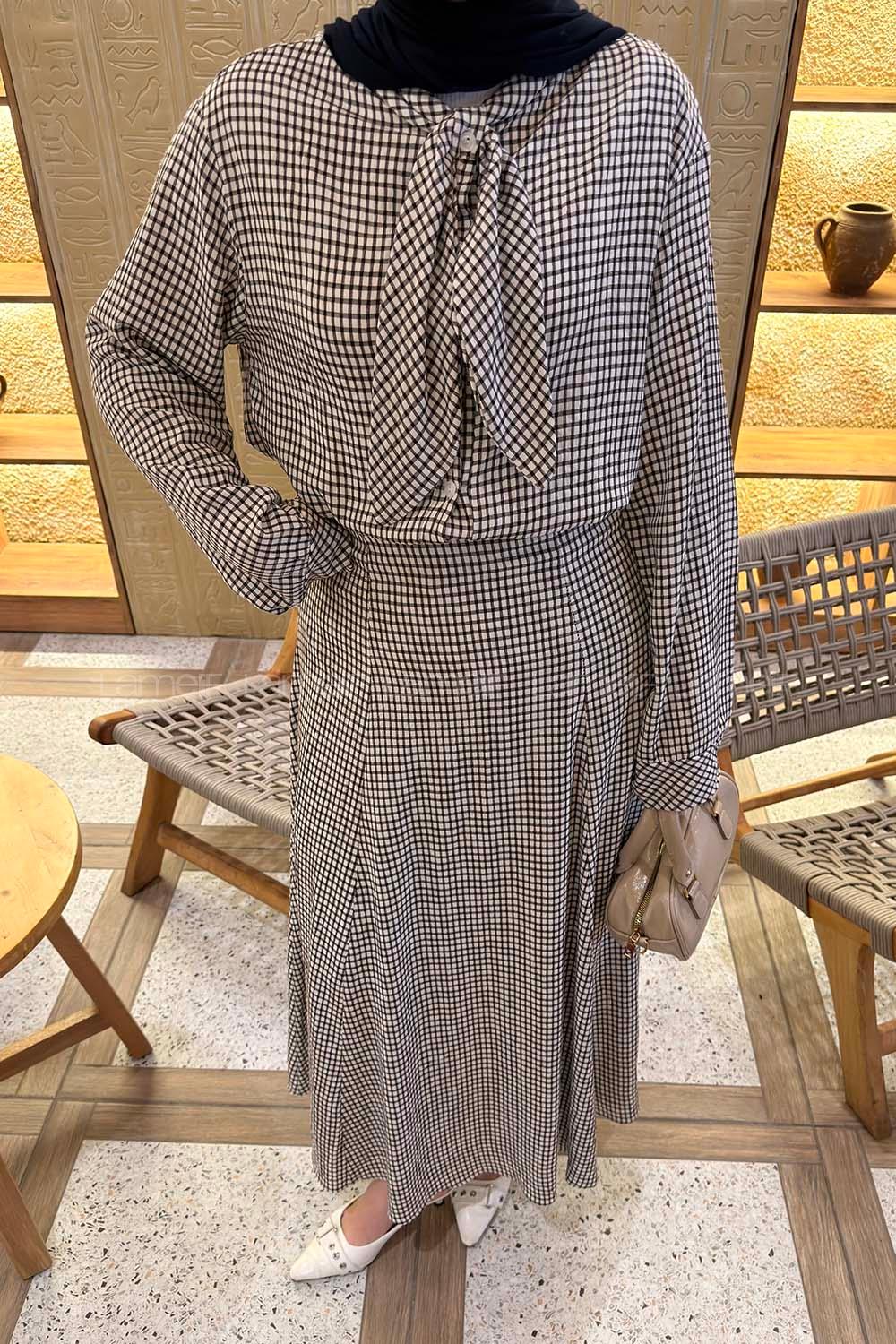 Lamelif Ekose Desen Kravat Yaka Takım Siyah