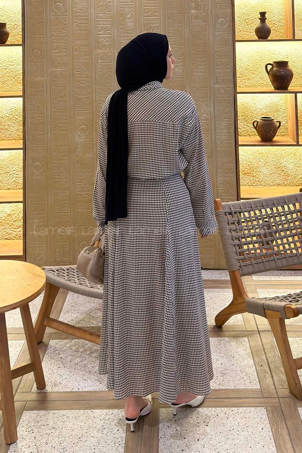 Lamelif Ekose Desen Kravat Yaka Takım Siyah