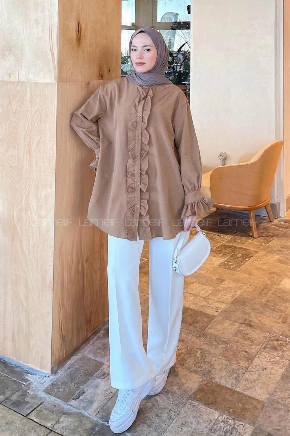 Lamelif Flores Fırfırlı Tunik Soft Kahve