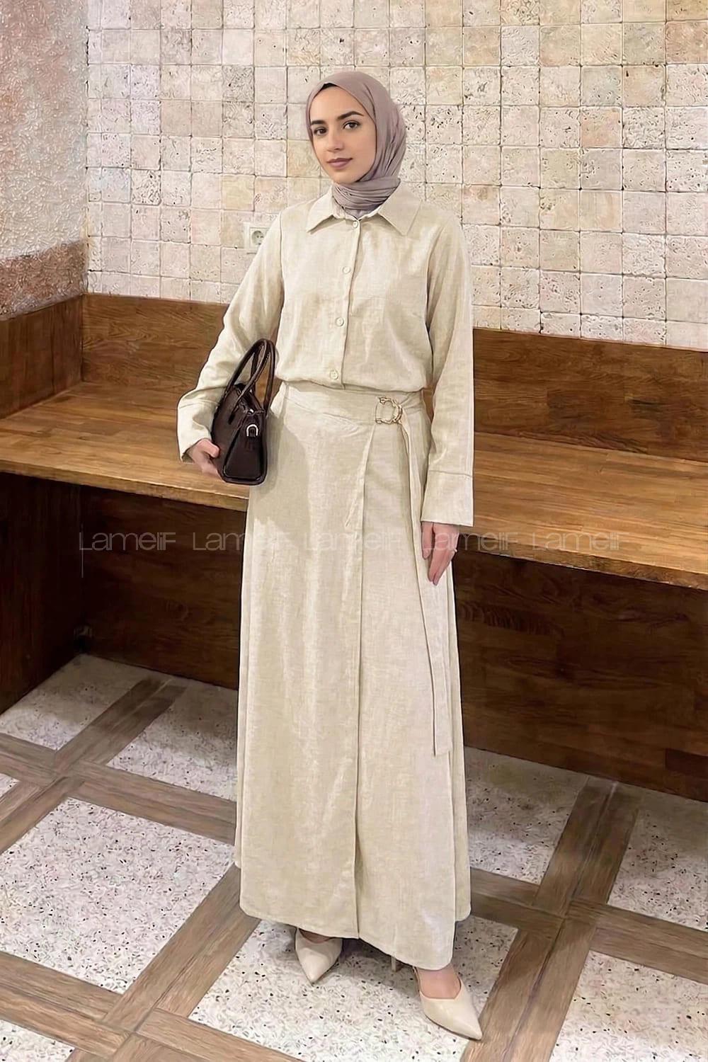 Lamelif Gold Toka Detaylı Etekli Takım Krem
