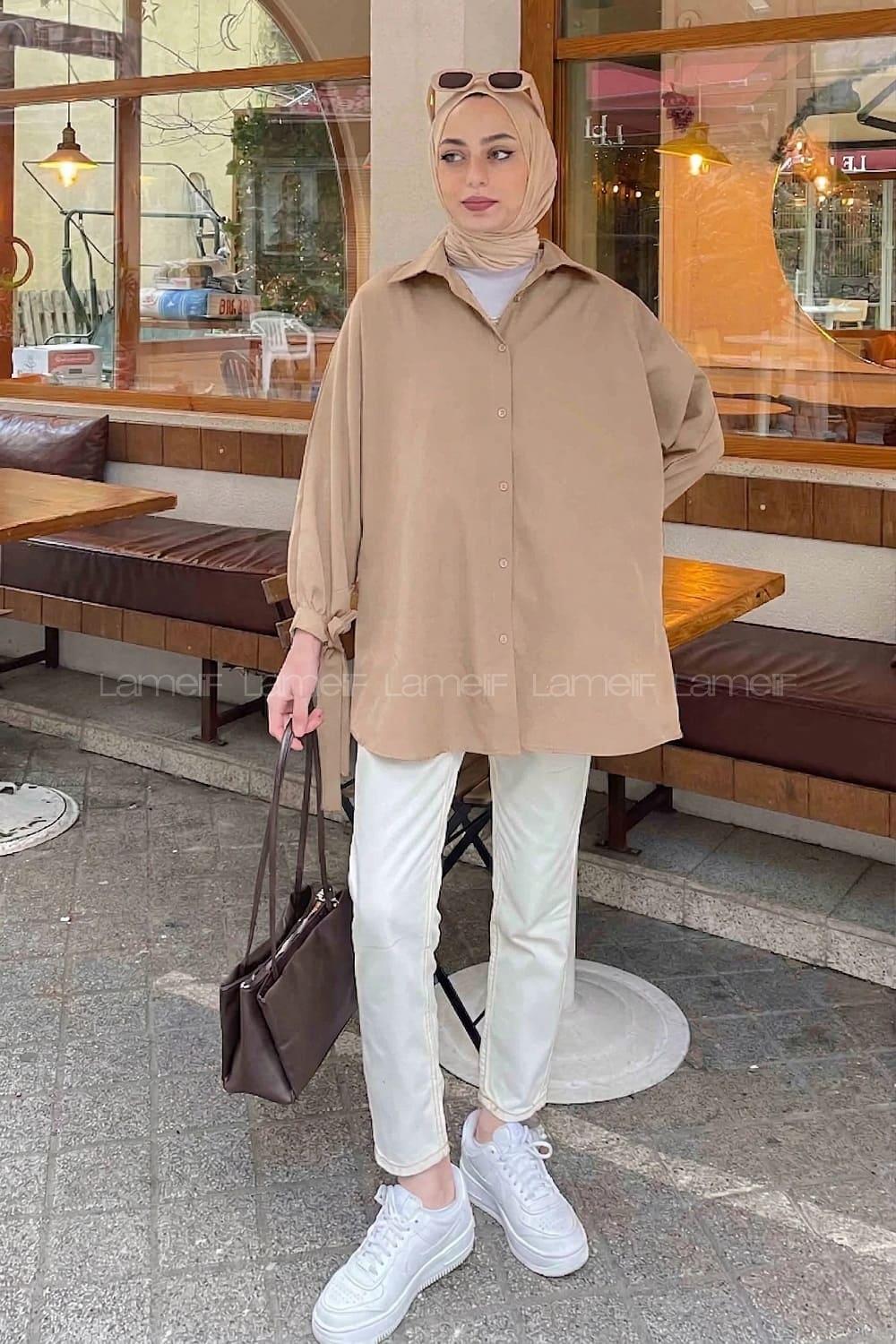 Lamelif Kol Detaylı Gömlek Soft Kahve