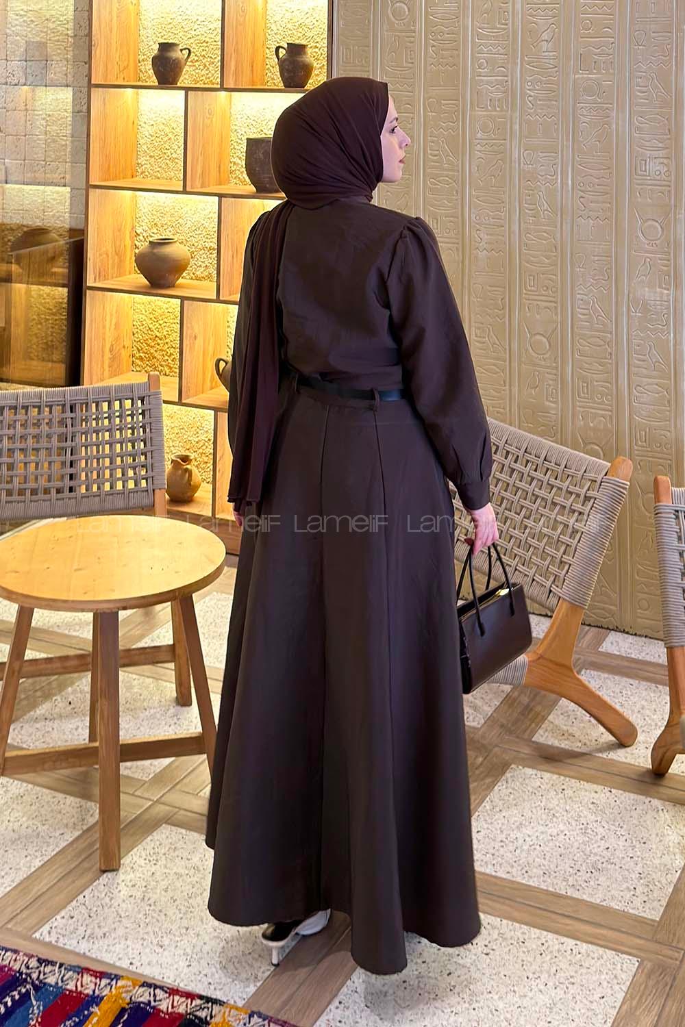 Lamelif Kravat Yaka Etekli Takım Acı Kahve