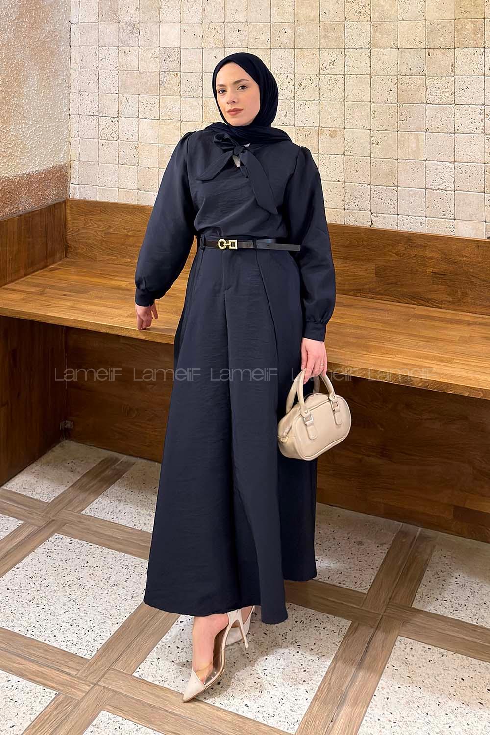 Lamelif Kravat Yaka Etekli Takım Lacivert