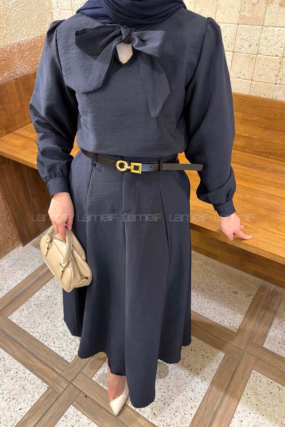 Lamelif Kravat Yaka Etekli Takım Lacivert