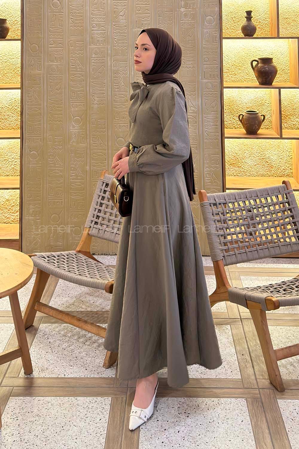 Lamelif Kravat Yaka Etekli Takım Vizonrengi