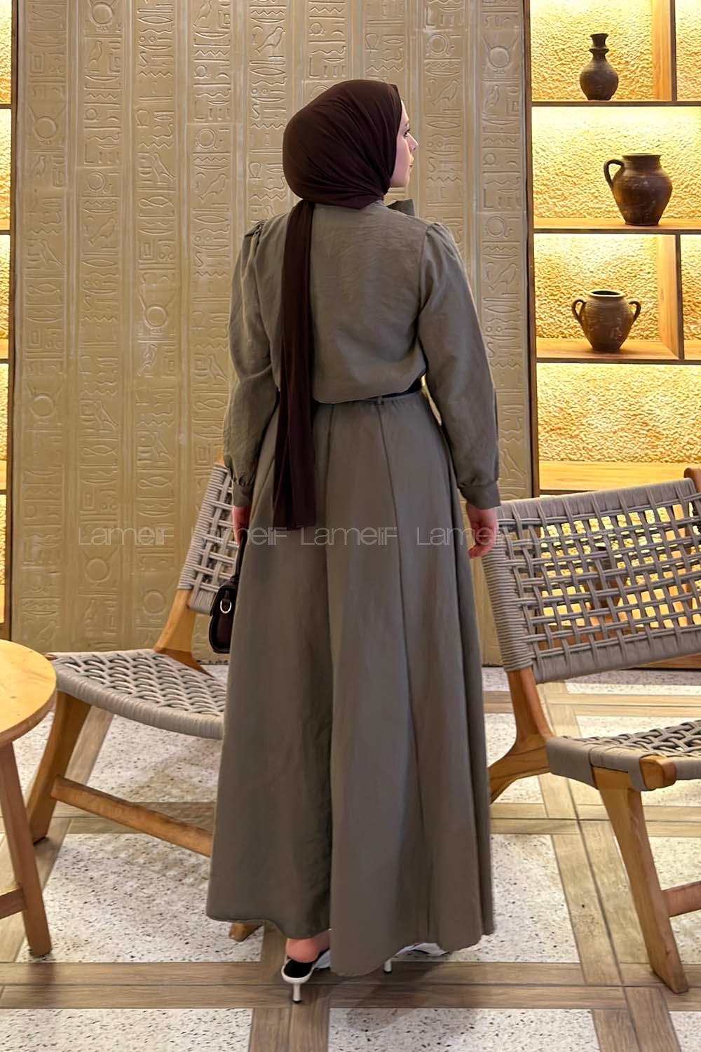 Lamelif Kravat Yaka Etekli Takım Vizonrengi