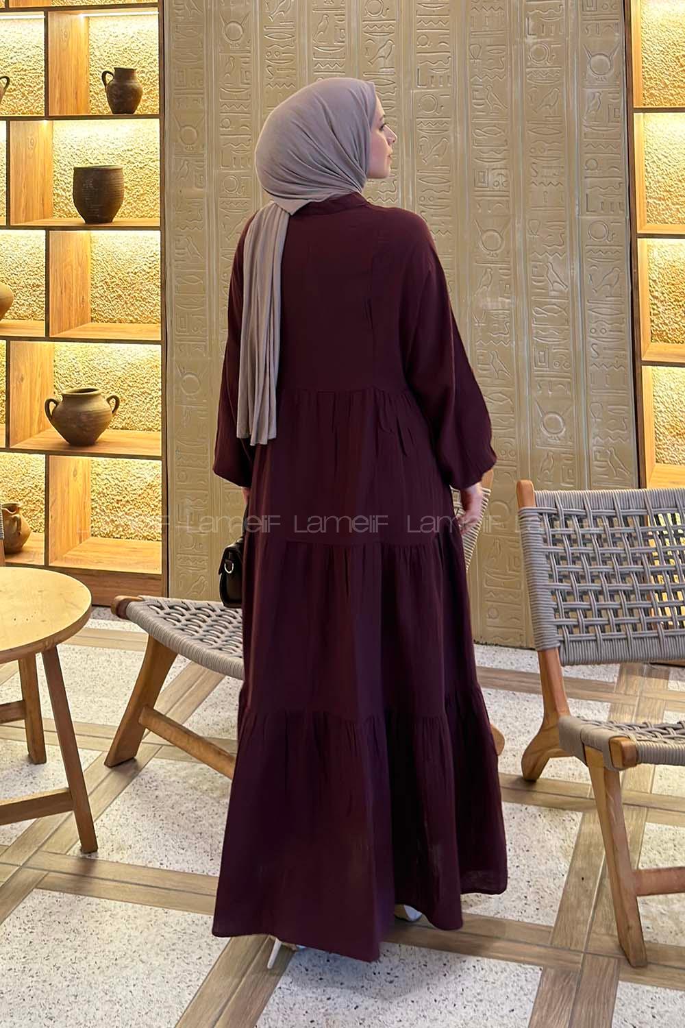 Claret Red Mandarin Collar Cotton Unprinted Dresess