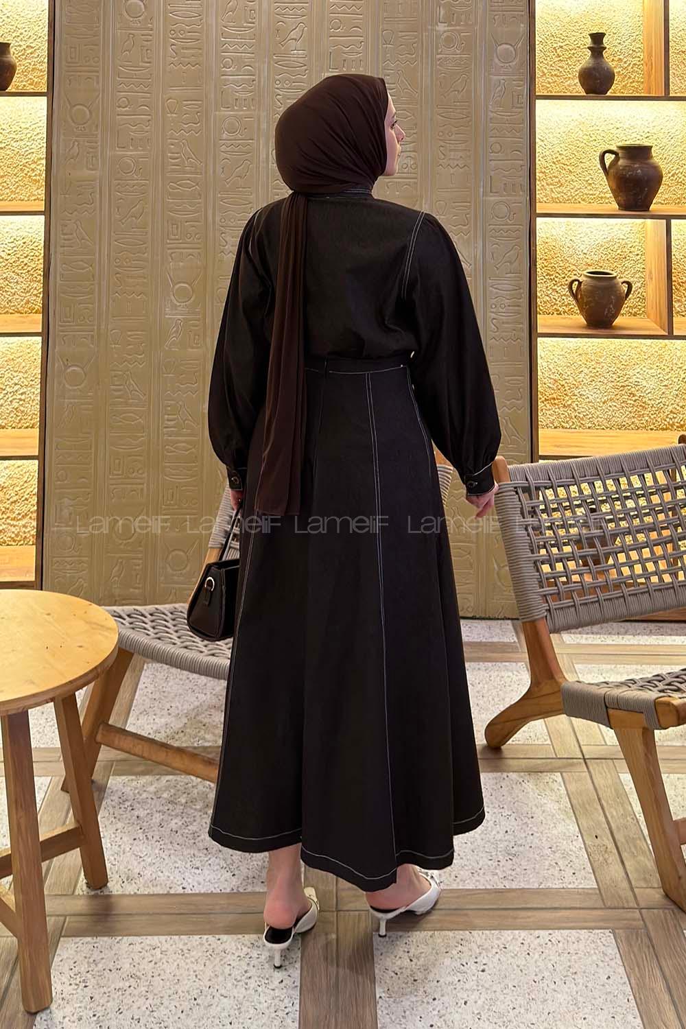 Dark Brown Normal Neck Long Arm Denim Flare Suit