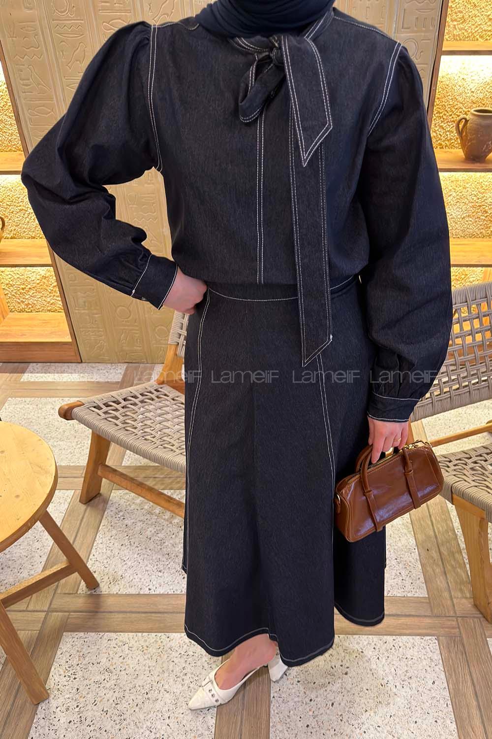 Lamelif Yakası Kuşaklı Kot Takım Koyu Mavi